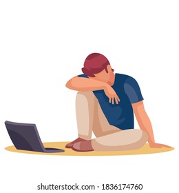 a man sits tiredly on the floor and bowed his head on his knees, next to him is a laptop, fatigue, depression, impotence, isolated object on a white background, vector illustration, eps
