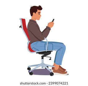 Man Sits Upright On A Chair, Maintaining Proper Body Posture, Engrossed In His Smartphone. His Poised Position Reflects A Balance Of Comfort And Attentiveness. Cartoon People Vector Illustration