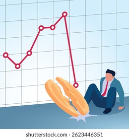 A man sits watching an arrow fall and split a coin. A metaphorical illustration for financial crisis, losses and inflation.