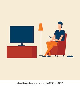 Man Sits Watching TV, Quarantine. Flat Style Vector Illustration.