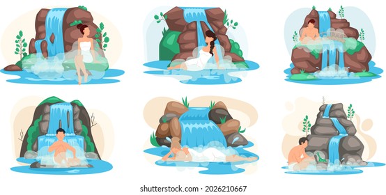 Man sits in water in lake next to rock and waterfall scenes set. Clean nature concept, tropical river and beautiful cascade in mountains landscape with plants and rocks. Person bathing in waterfall