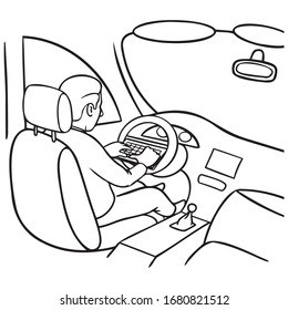 el hombre se sienta al volante y escribe un mensaje en el teclado. futuro, conducción autónoma, cómic, libro de colorear, ilustración.