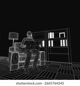 Un hombre se sienta en una silla de alambre, leyendo un libro bajo el cálido resplandor de una lámpara en una habitación con poca luz. Un armario de madera se encuentra cerca, y el piso agrega profundidad a la composición.