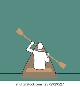 man sits in a wooden boat with his back and rows an oar - one line art vector. concept fishing, navigating the river alone