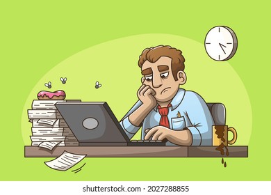 Man sits at work annoyed or bored. Dirty workplace with spilled coffee, old bagel and flies. Vector illustration in modern comic style.