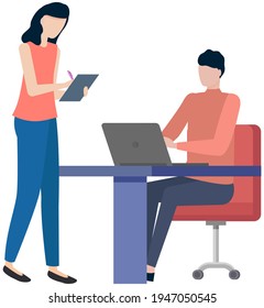 Man sits and works at computer. Woman stands and writes information in notebook isolated on white