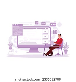The man sits and works with a laptop, drawing a website development layout sketch. Trend Modern vector flat illustration.