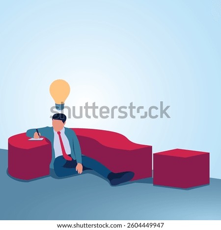 A man sits writing leaning on a question mark and turns it into an idea. A metaphorical illustration for writing down problems, analysis and creativity in solving problems.