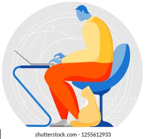A man is sittig at a table with a laptop and coding, and his cat is sitting next to him. Flat style. Stock vector illustration.