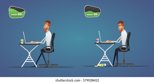 Man sitting all day at work for the project. Flat. Vector. Cartoon.