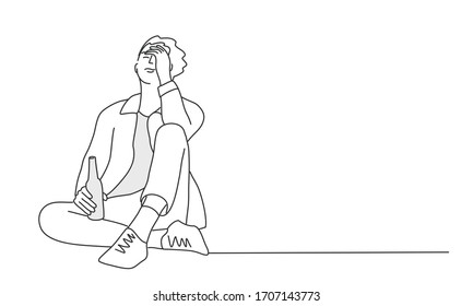 Man is sitting alone with a bottle.  Line drawing vector illustration.