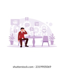 The man was sitting alone in the cafe, holding his head and feeling anxious and stressed. Trend Modern vector flat illustration.