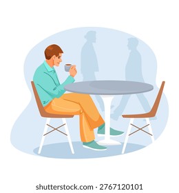 A man sitting alone with coffee at an empty cafe table in minimal style, loneliness concept. Vector illustration