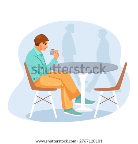 A man sitting alone with coffee at an empty cafe table in minimal style, loneliness concept. Vector illustration