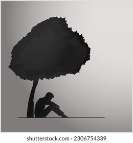 man sitting alone, felling sad fear , depressed worry, dark black background, silhouette of a man