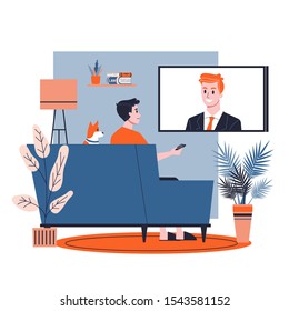 Man sitting alone at home on couch. Guy relax indoors and watch TV news. Isolated vector illustration in cartoon style
