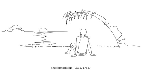 man sitting alone looking sea view sunset scenic absent minded one line drawing continuous