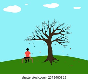 man sitting alone near a tree, concept of being alone, waiting, hoping, disappointed, heartbroken