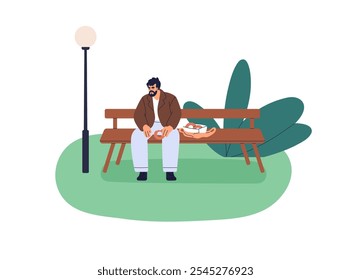 Hombre sentado solo en el banco en el parque, disfrutando de la comida rápida de la calle, descanso, tiempo de ocio al aire libre. Sola persona que come la caja de bocado, donas en la naturaleza. Ilustración vectorial plana aislada sobre fondo blanco