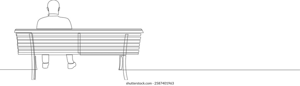 Man sitting alone on bench continuous line drawing, back view. One line art concept of loneliness, rest on bench or waiting. Vector illustration.