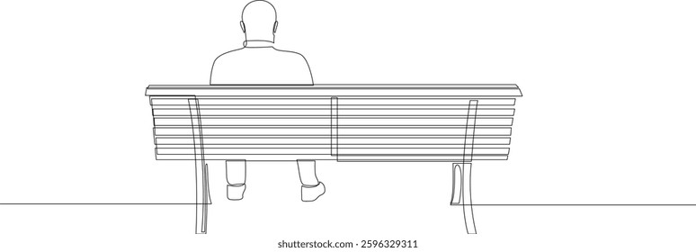 Man sitting alone on bench continuous line drawing, back view. One line art concept of loneliness, rest on bench or waiting. Vector illustration.