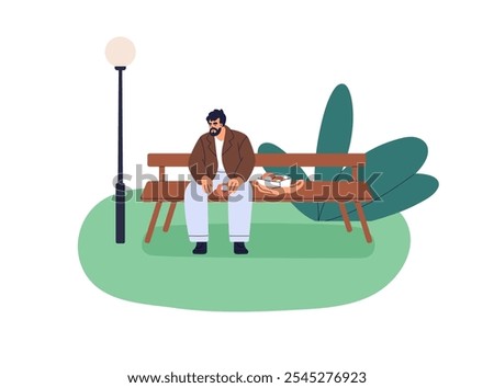 Man sitting alone on bench in park, enjoying street fast food, break, leisure time outdoors. Single person eating snack box, donuts in nature. Flat vector illustration isolated on white background