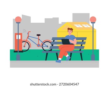 Um homem está sentado sozinho num banco de parque brincando com o seu tablet, aproveitando o ar puro. Design de caracteres. Ilustração plana vetorial.