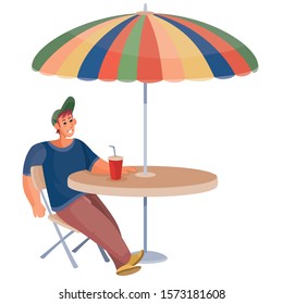 man sitting alone at a round table with an umbrella, loneliness, isolated object on a white background,