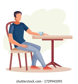 man sitting alone at the round table, loneliness, isolated object on a white background, vector illustration