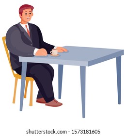 man sitting alone at the square table, loneliness, isolated object on a white background,