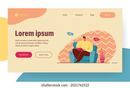 Man sitting in armchair and chatting via laptop isolated flat vector illustration. Cartoon character working online from home. Business achievement and freelance concept