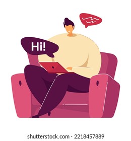 Man sitting in armchair and chatting via laptop isolated flat vector illustration. Cartoon character working online from home. Business achievement and freelance concept