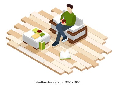 The man is sitting in the armchair at home, drinking coffee. Isometric 3d