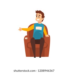 Man sitting in the armchair, male seller or buyer at the garage sale vector Illustration on a white background