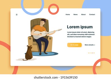 Man sitting in armchair and playing guitar for dog vector illustration. Resting, musician, hobby. Leisure concept. Vector illustration can be used for topics like creativity, music, lifestyle
