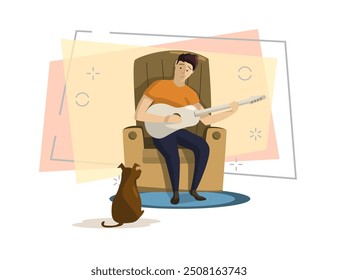 Man sitting in armchair and playing guitar for dog vector illustration. Resting, musician, hobby. Leisure concept. Vector illustration can be used for topics like creativity, music, lifestyle