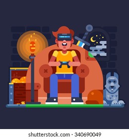 Man sitting in an armchair and plays using head-mounted device for virtual reality. Vector flat illustration