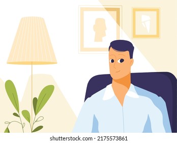 Man sitting in an armchair and the sun is shining on his face. Character inside the room. Vector illustration for web or print materials.