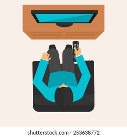 Man sitting in armchair with tv remote control at home watching tv, vector illustration