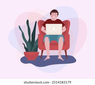 Homem sentado em poltrona e usando laptop em casa. Freelancer, ilustração de vetor plano de lazer. Internet sem fio, freelance, conceito de comunicação para banner ou design de site