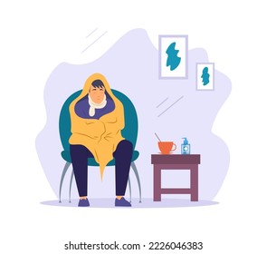 Man sitting in armchair wrapped in blanket. Teenage boy caught cold flu or virus, treatment of colds with hot herbal tea and spray flat vector