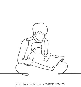 man sitting with baby on the floor reading a book - one line art vector. concept father and child spending time reading together. Handmade vector not AI