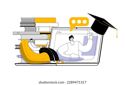 A man is sitting in a bag chair with a laptop among textbooks listening to a lecture on his computer screen. Vector illustration on the topic of online education.