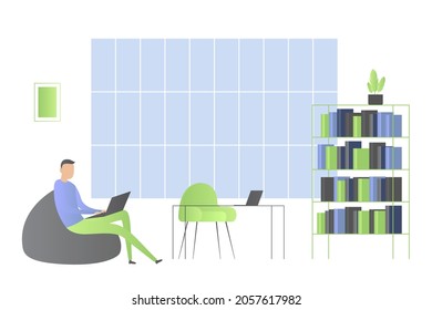 Man sitting in bag chair and working on laptop. Modern office. Vector illustration.
