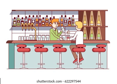 Man sitting at bar counter, drinking alcohol. Showing like gesture with thumbs up to pub bartender. Barman using cocktail shaker. Flat style cartoon vector illustration isolated on white background.