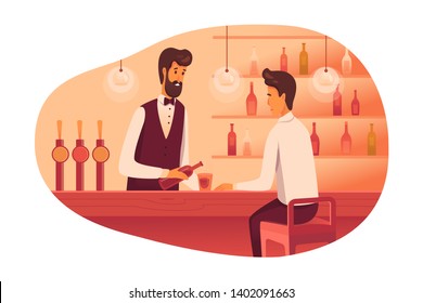 Man sitting at bar counter flat illustration. Barman pouring alcoholic beverage in glass. Sad guy drinking alone. Night club worker making cocktail vector character. Cartoon office manager relaxing