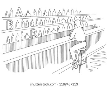 Man sitting in a bar and drinking beer graphic black white sketch illustration vector