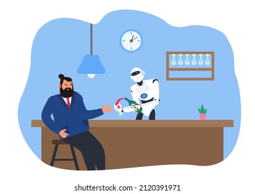 man sitting in bar robot humanoid bartender pouring alcohol into glass vector illustration