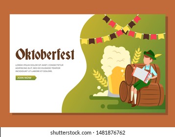 A man sitting in the barrels playing accordion to celebrate Oktoberfest