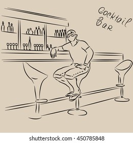 Man sitting behind the bar. Outline sketch drawn by hand. Vector illustration.